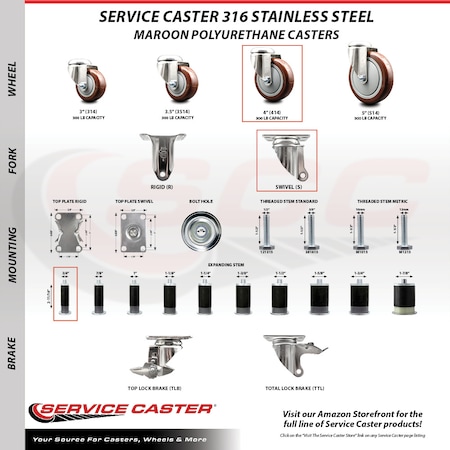 Service Caster 4 Inch 316SS Maroon Poly Swivel 3/4 Inch Expanding Stem Caster Brake SCC, 2PK SS316EX20S414-PPUB-MRN-2-TLB-2-34